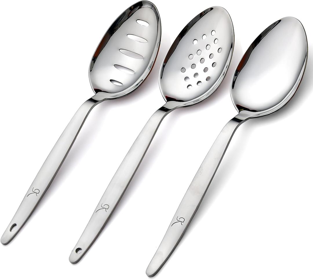 3-PCS Kunz Spoon | 9 Inch 18/10 Stainless Steel Serving Spoons Set Include Serving Spoon, Slotted and Perforated Spoons, Perfect for Basting, Plating, Quenelle, Sauces (Regular Set)