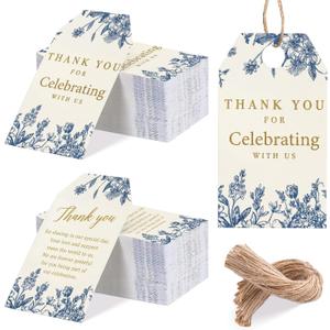 Gueevin 100 Pcs Blue Floral Thank You Tags with String Something Blue Wedding Party Favor Hangtags 3.5 x 2 Inch Thank You for Celebrating with Us Gift Bag Tags for Bridal Shower Baby Shower Birthday