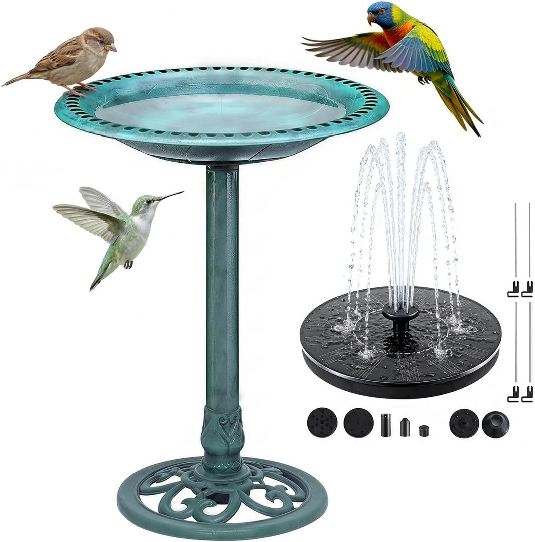 Bird Bath for Outside, Large 28 inch Tall Birdbaths for Outdoors with Solar Water Fountain, Plastic Retro Green Bird Baths Bowl for Outdoor Garden Lawn Yard Patio Hotel Landscape Decor - Wide 20"