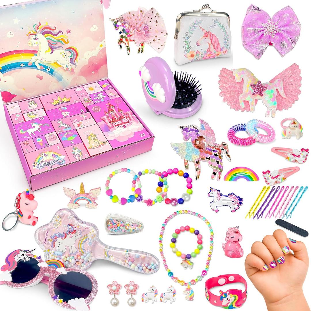 LINAYE Advent Calendar 2025 for Girls - Unicorn Advent Beauty Calendar Christmas Countdown, 24 Days Unicorn Accessories & Treasure Xmas Christmas Surprise Gifts for Girls Kids Daughters Granddaughters
