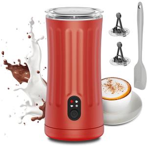 Milk Frother, Upgraded 4-in-1 Milk Frother and Steamer, Hot and Cold Foam Maker and Milk Warmer with Temperature Control & Auto Shut-Off, Frother for Coffee, Latte, Cappuccino, Matcha (Red)