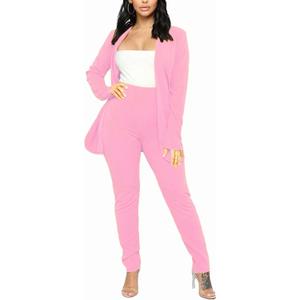 Aro Lora Women's 2 Piece Outfit Casual Solid Open Front Blazer and Pencil Pant Suits Set (Pink, L)