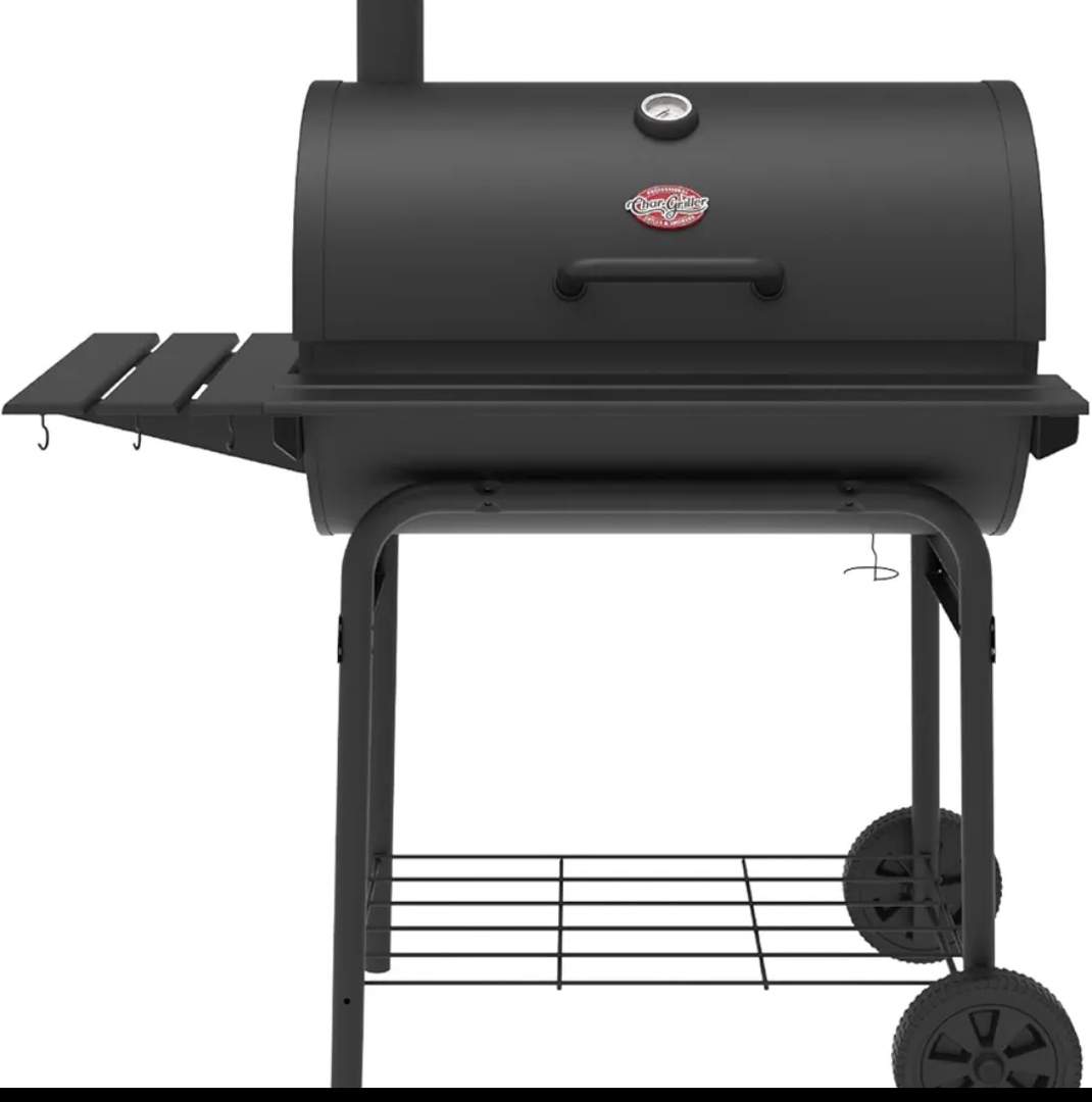 Char-Griller® Pro Deluxe Charcoal Barrel Grill, EasyDump™ Ash Pan, Premium Front and Side Shelves with Utensil Hooks, 850 Square Inches of Cooking Space in Black, Model E2827