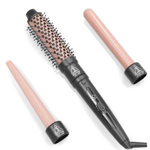 3-in-1 Curling Iron Set with Curling Brush, 3 Interchangeable Ceramic Curling Irons (0.5 "-1.5"), Dual Voltage 30 Second Rapid Heating, Heat-Resistant Gloves and 2 Clips