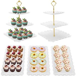 5 Pcs Dessert Table Display Set, White Plastic 2 Pcs Square 3 Tier Cupcake Stand Cup Cake Tower Stand with Metal Rod & 3 Pcs Serving Tray for Baby Shower, Tea Party, Wedding, Birthday Party