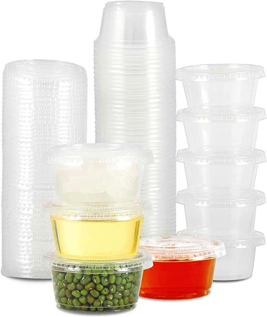 200 Sets - 2 oz Jello Shot Cups,Condiment Containers with Leak-Proof Lids, Disposable Plastic Cups with Lids for Sauces, Souffle, Food Samples, Pills and More