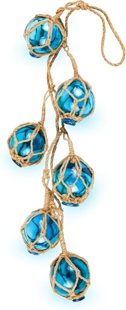 SAILINGSTORY Glass Fishing Float String of 6 Buoy Balls Summer Decor Nautical Coastal Beach Ornaments for Christmas Tree 2" Blue