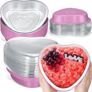 Patelai 25 Sets Valentine's Day Large Foil Heart Shaped Cake Pans with Lid 22.7 oz Aluminum Heart Baking Cups Pan Dessert Baking Cups for Mother's Day Wedding Graduation Party Supplies(Pink)