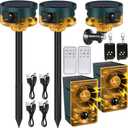 Qualirey 4 Pack Solar Outdoor Motion Sensor Alarm in 2 130db Loud Noise Maker Support Recording, Strobe Light Multiple Mode with Remote Control and USB Charging Cable (Yellow)