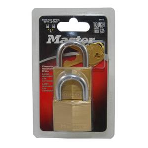 Master Lock 140T Solid Brass Padlocks.
Product Name: Master Lock 140T Solid Brass Padlock (2-pack) 
Key Features: The padlocks have a 1-9/16 inch (40mm) wide solid brass body that is strong and resists corrosion. The shackle is made of hardened steel