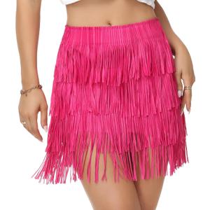 Fringe Skirt Women High Waist Mini Stretchy Pencil Cowgirl Concert Party Club Rave Festival Western Dance (Pink, S)