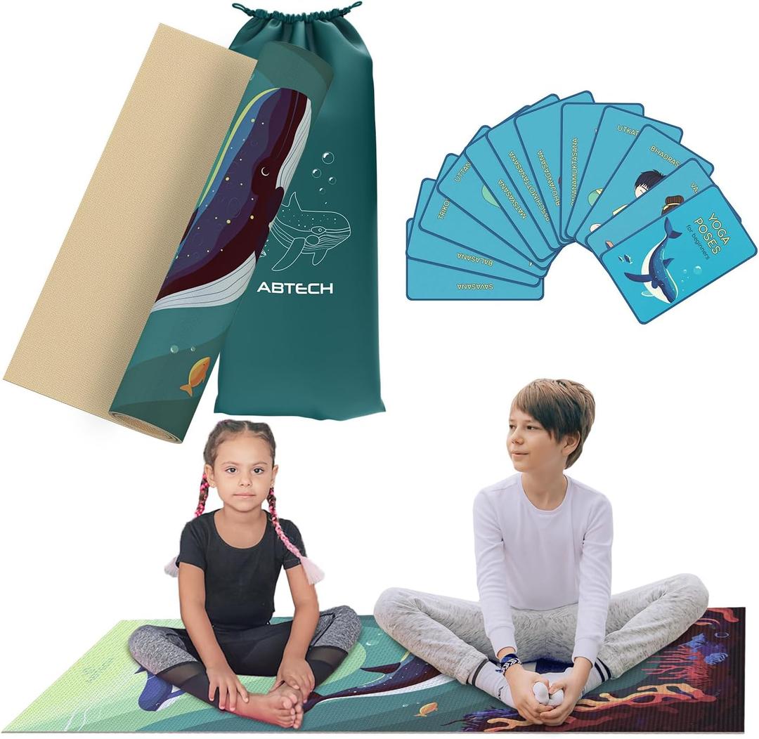 Abtech Kids Yoga Mat Set - Comfortable Dinosaur Kid Yoga Mat Boy with 12 Yoga Cards, Storage Bag, Beige Play Mat Thick for Gymnastics Mat, Exercise Mat, No-Toxic and Non-Slip for Ages 3-12 (Under the Sea)