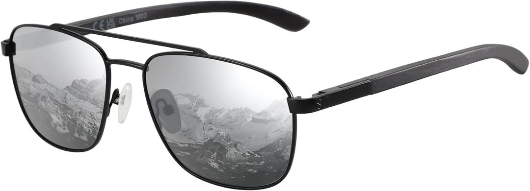 ZENOTTIC Aviator Wood Polarized Sunglasses for Men 100% UV Protection Fishing Driving Golf (Black Frame Silver Mirrored Lens)