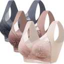 3pcs Set Wireless Bras for Women Floral Lace Full Coverage Bralettes Soft Breathable Support Wirefree Women's Everyday Bras (X-Large, Powder+brown+grey)