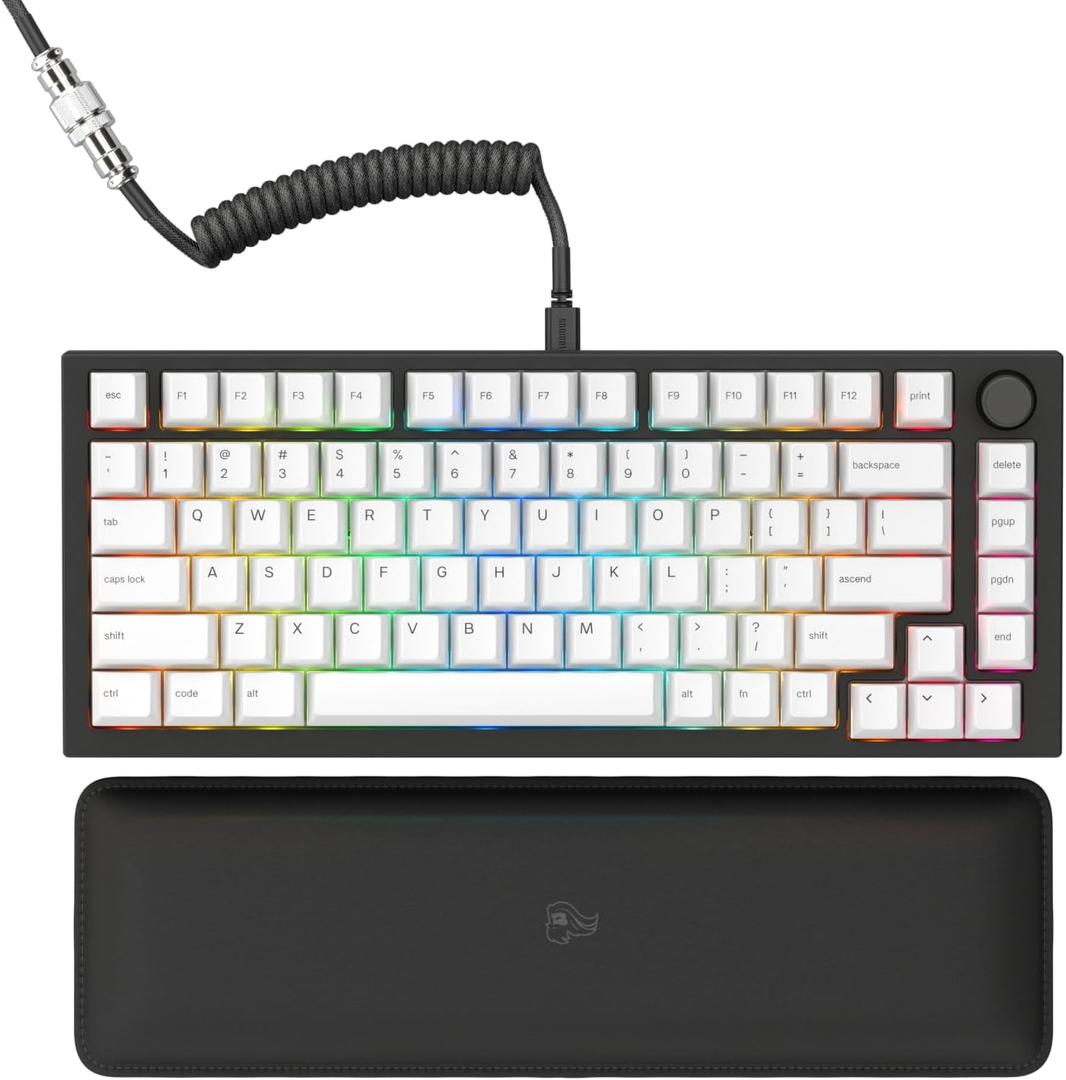 Glorious Gaming GMMK PRO 75% - Modular Mechanical Gaming Keyboard, TKL Size, 1.5kg Frame, Glorious Fox Switches, Fully Customizable, Coiled Cable, Wrist Rest, White PBT Keycaps, RGB, QWERTY - Black