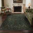 GENIMO 5x7 Washable Area Rugs for Living Room, Non Slip, Dark Green | Vintage Boho Floral Low Pile Thin Carpet for Bedroom, Dining Room, Nursery, Indoor Decor