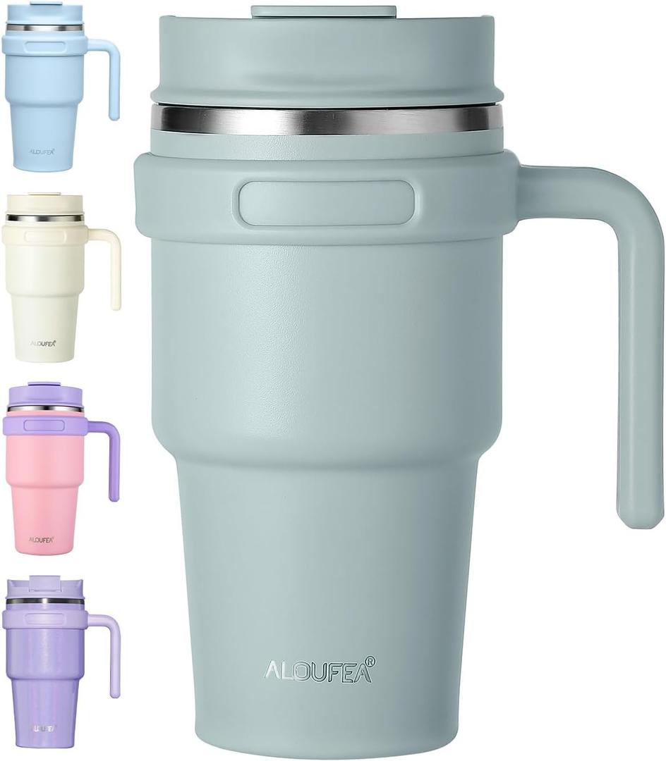ALOUFEA 20 oz Insulated Coffee Mug Tumbler with Handle, Stainless Steel Travel Mug Tumbler with Lid and Straw,Double Wall Vacuum Leak Proof Ice Coffee Thermal Cup, Sage