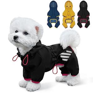 Dog Raincoat, Waterproof Dog Rain Jacket with Hood, Rain Coat with Leash Hole, Reflective Strap for Small Medium Dogs, Lightweight Puppy Clothes(Black,M(Back Length13.4''))
