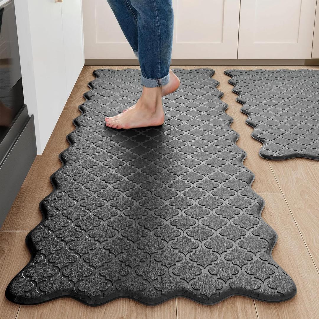 Arenarug Upgrade Scalloped Embossed Kitchen Mats for Floor 2PCS Cushioned Anti Fatigue Waterproof Foam Kitchen Rugs Non Slip Washable Comfort Standing Mat for Sink Laundry, 17.3"x30"+17.3"x59", Black (Basic Solid- Black)
