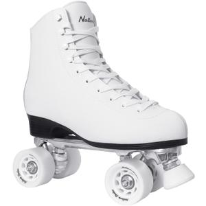 Nattork Roller Skates for Women, PU Leather High-top Quad Skates for Beginner, Indoor Outdoor 4 Wheels Double-Row Skates for Adults, White, Women's 7/ Men's 6