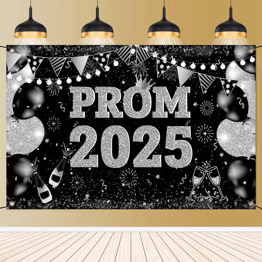 Large 71" X 43" Prom Decorations 2025 Backdrop Banner, Black and Silver Prom Backdrop for Photoshoot 2025 Send Off Decorations for High School College Graduation Party Decor