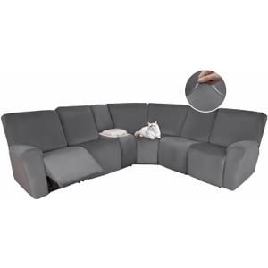 HDCAXKJ Reclining Sectional Couch Covers Velvet L Shaped Sectional Sofa Cover Washable Stretch Soft Corner Recliner Slipcover with Non-Slip Elastic Bottom (5 Seat and 1 Middle Console, Dark Gray)