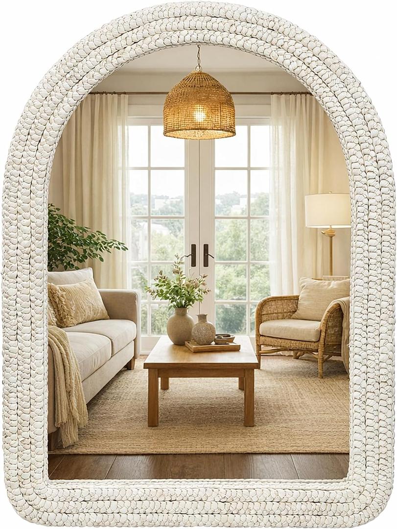 30" x 40" Arched Wall Mirror, Handwoven Natural Corn Husk Fiber with Light Whitewashed Finish, Warm Boho Coastal Style for Entryway, Bedroom, Living Room, Vertical Hanging