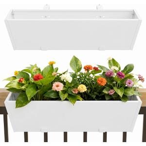 36 Inch Railing Planter Boxes, Heavy Duty Metal Hanging Planters with Adjustable Brackets, Outdoor Balcony Flower Box for Deck, Fence, Porch Railings (White), 1PC