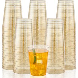 I00000 200pcs Gold Plastic Cups - 10 OZ Hard Gold Glitter Disposable Cups For Cocktail And Drinking - Premium Disposable Plastic Cup with Gold Glitter For Fancy Elegant Party Cup