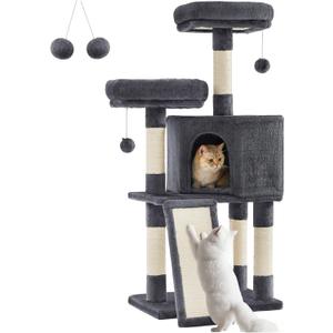 Feandrea Cat Tower, Cat Tree for Indoor Cats, 45.3-Inch Cat Condo with Scratching Post, Ramp, Perch, Spacious Cat Cave, for Kittens, Elderly Cats, Adult Cats, Small Space, Smoky Gray UPCT141G01