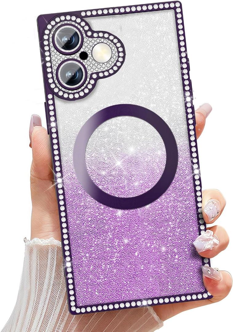 Misscase Magnetic Glitter Case for iPhone 17 6.3 Inch, Camera Protection, Compatible with MagSafe, Rectangle Cute Bling Sparkle Diamond Colorful Phone Cover, Drop-Tested & Shockproof-Purple