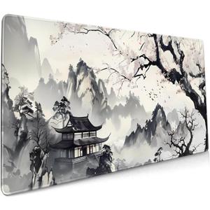 Japanese Mouse Pad XXL 35.4 X 15.7 Inch Anime Style Art Design Extended Large Gaming Mousepad Keyboard Full Desk Mat Non-Slip Rubber Base Stitched Edges for Home Office