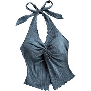 QJQ Women's Halter Tops Twist Front Slit Backless Cute Summer V Neck Tank Top Vacation Outfits (Blue, XL)