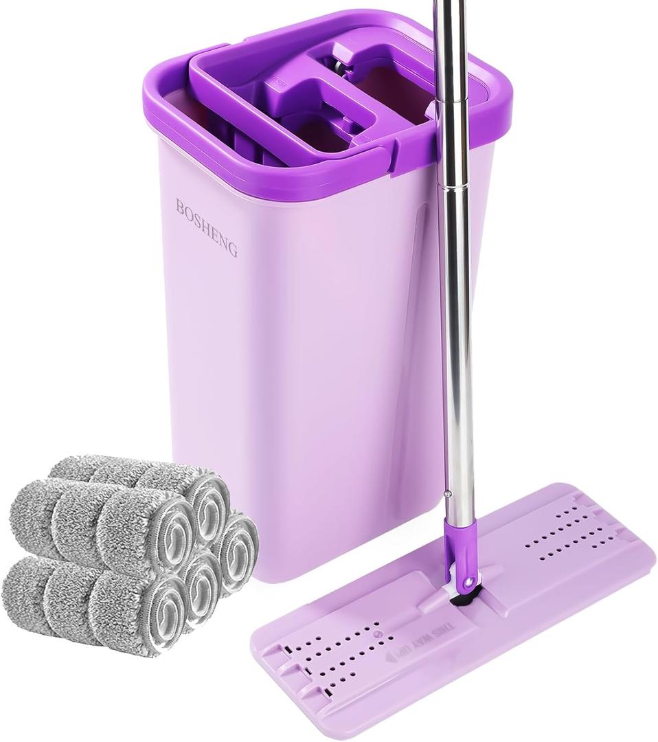 BOSHENG Mop with Wringer Set, Hands Free Flat Floor Mop and Bu 5 Washable Microfiber Pads Included, Wet and Dry Use, Home Floor Cleaning System for All Floor Types and Windows,Purple