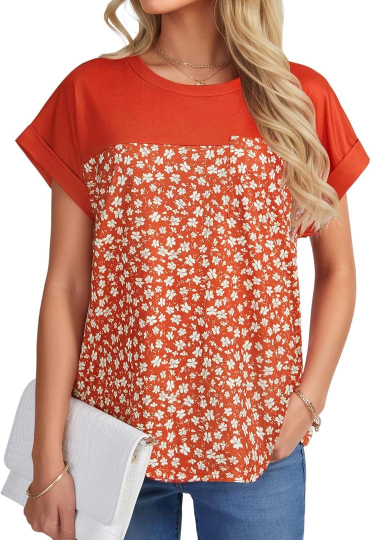 Vrtige Women's Floral Panel Short Sleeve Blouse Round Neck Casual Tops Summer Shirt with Pocket (XL)