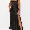 Fiemaoves Summer Vacation Satin Maxi Dresses for Women 2025 Square Neck Formal Elegant Tank Top Wedding Guest Dress with Slit (Black, M)