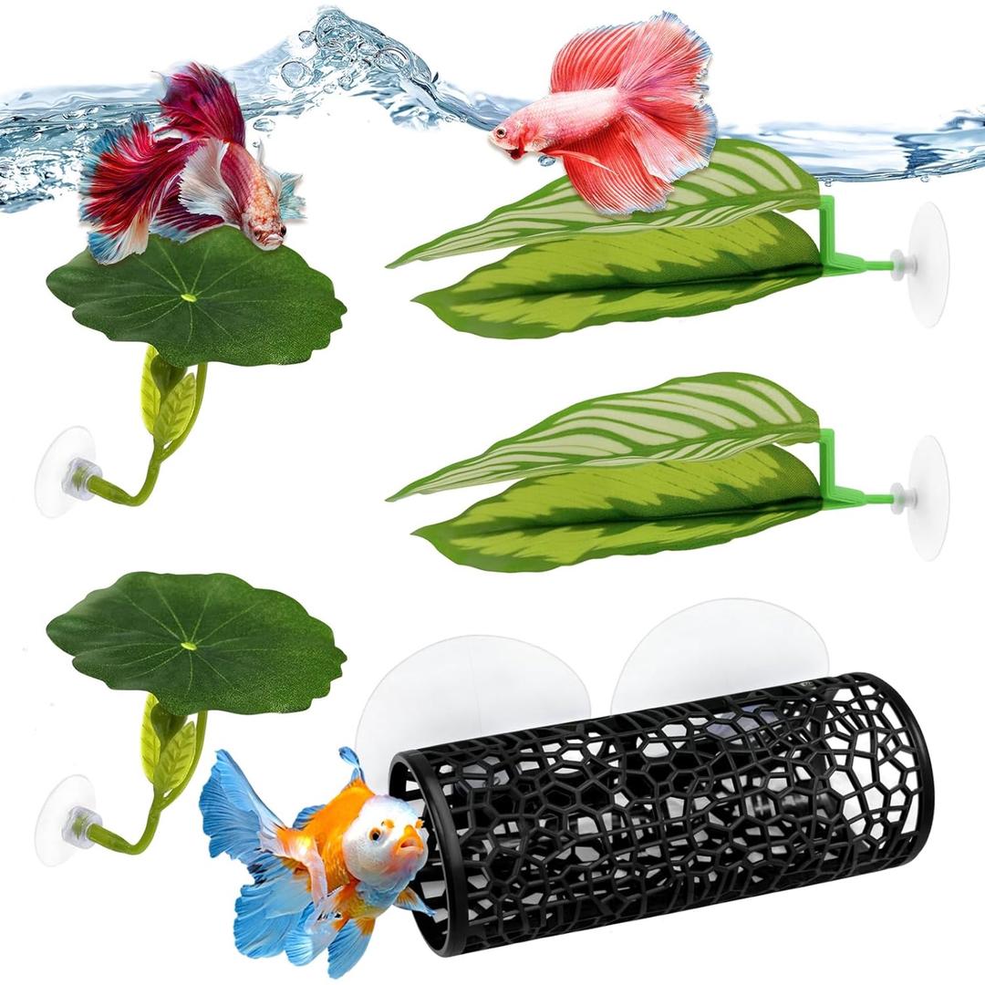 5PCS Betta Hammock & Fish Toys Set, Soft Aquarium Plants & Black Tunnel Hideout for Betta Fish Tank, Safe Decor with Suction Cups for Shrimp, SmallFish