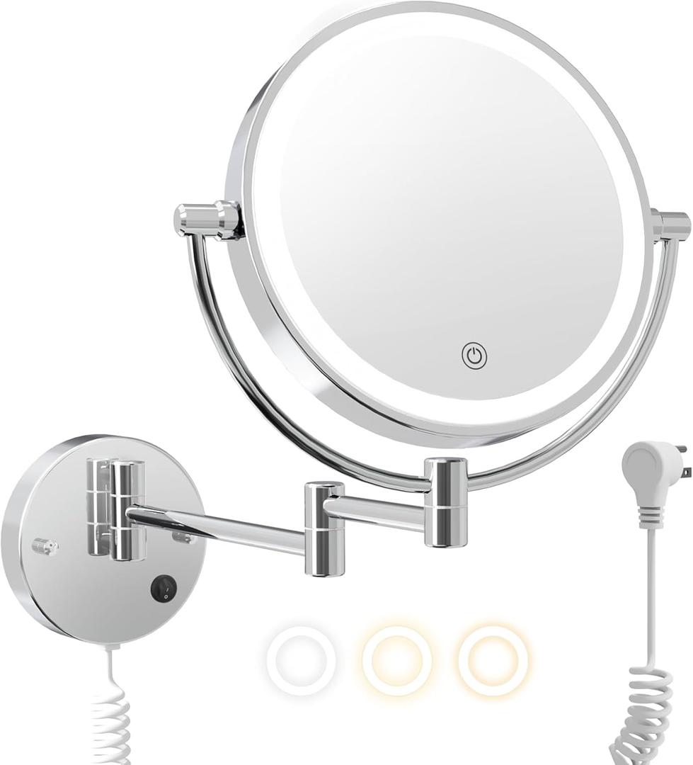 FASCINATE Upgraded Wall Mounted Makeup Mirror with Lights, Super Large Double Sided 1X/10X Magnifying Mirror for Bathroom, 360 Swivel Extendable Plug Touch Sensor Vanity Mirror (Sliver)