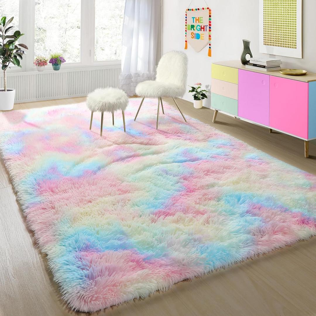 PAGISOFE 4x6 Rainbow Fluffy Soft Plush Area Rugs for Girls Bedroom, Shaggy Rugs for Kids Playroom,Kawaii Princess Fuzzy Rugs for Nursery Baby Toddler,Cute Colorful Room Decor for Teenage