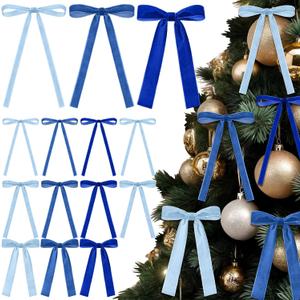 LOYIM 48 Pcs Velvet Christmas Wreath Bow Bulk Christmas Velvet Bow Vintage Ribbon Bows Xmas Tree Bows for Christmas Autumn Garland Wedding Decoration 3 Size Width of 3/8'' 5/8'' 1'' (3 Blue)