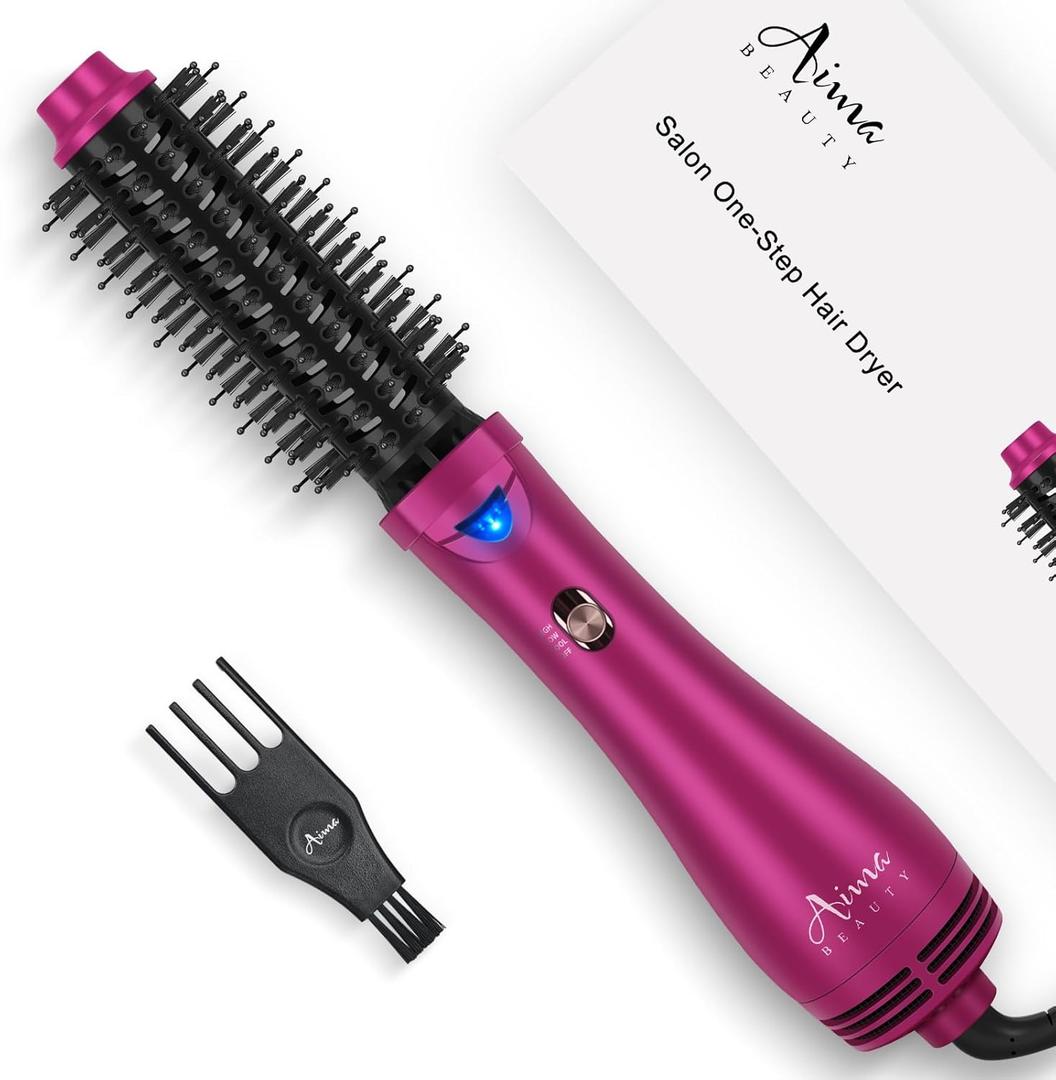 Aima Beauty One Step Hair Dryer & Volumizing Hot Air Brush, Ceramic Straightener Brush, Curler & Hot Comb 4 in 1 Salon Ionic Hair Brush, Rose Pink (1.26"/ 32mm Round Barrel)