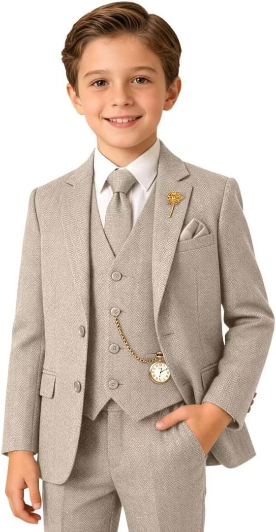 Tweed Herringbone Boys Suit 3 Piece Slim Fit Retro Kid Suits Tuxedos Set Prom Outfit Jacket Blazer Vest Pants for Boy (Beige) Size 3