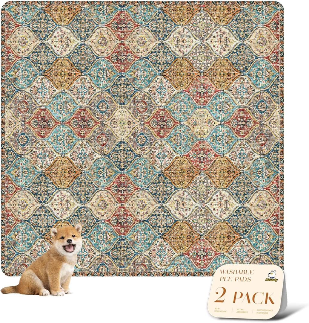 nunubaby 2PACK Washable Pee Pads for Dogs, Stylish, Non-Slip and Leak-Proof Pee Pads. Reusable Potty Pads for Dogs for Crates and Floors.(Cream/Multi, 72" x72" )