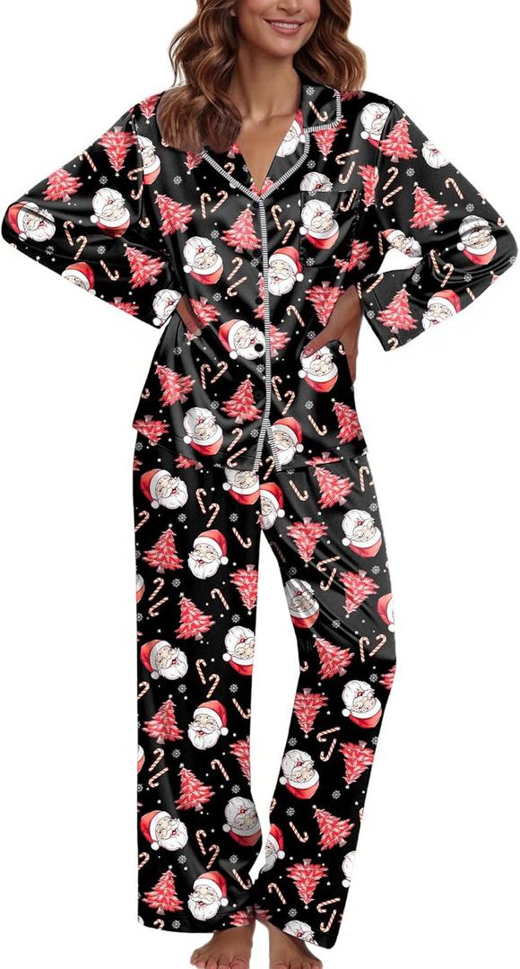 Ekouaer Pajamas For Women Set Silk Pjs 2 Piece Satin Sleepwear Long Sleeve Button Down Lounge Sets With Pant (Black, S)