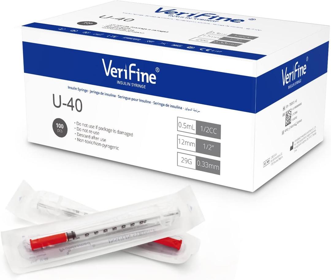 Verifine Insulin Syringe, U-40 29G 1/2 0.5ML Individually Sealed (100 Counts)