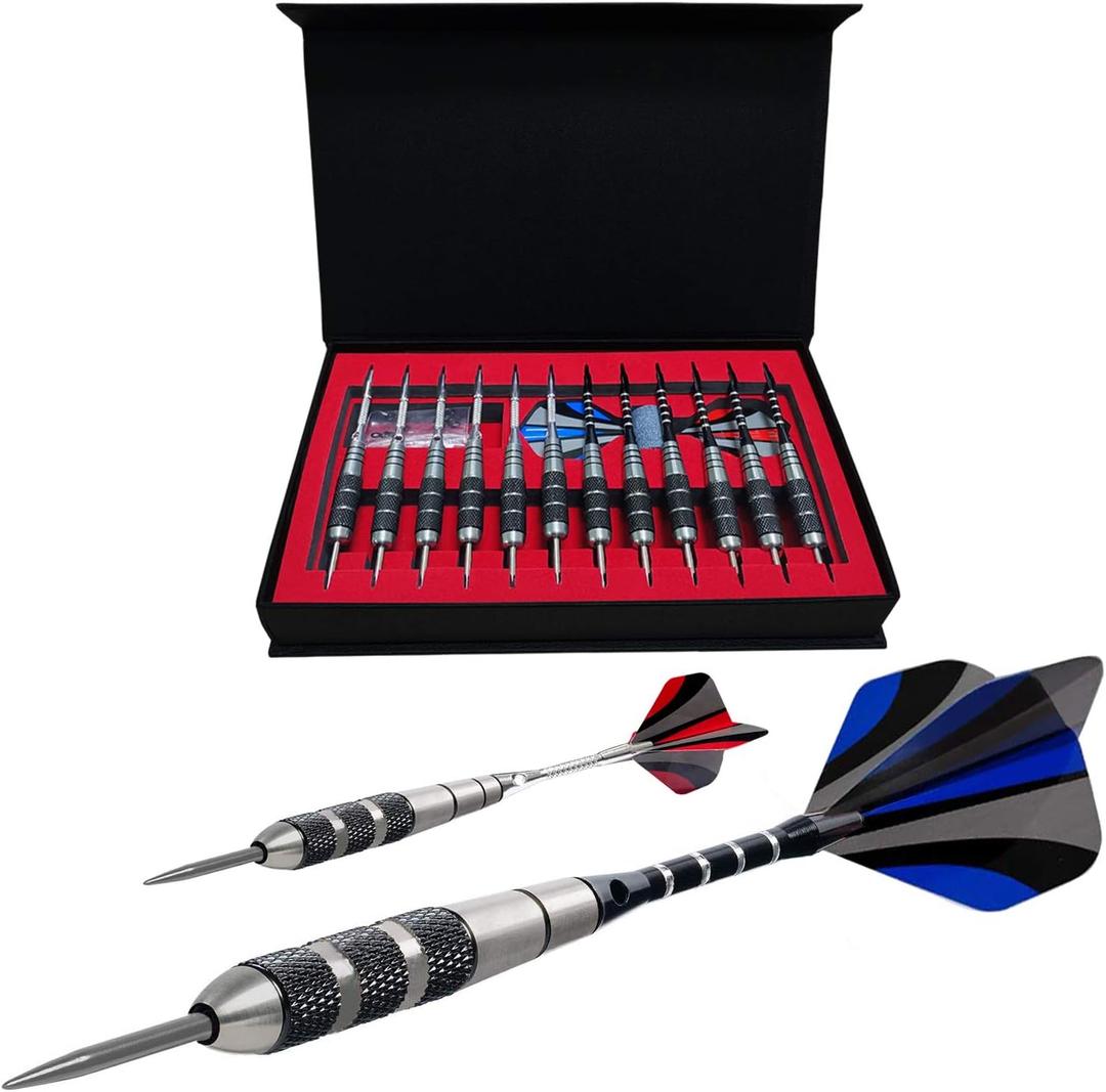 WINSDART Darts Metal Tip Set Professional Metal Darts for Dartboard Steel Tip Darts with Nonslip Iron Barrel Aluminum Dart Shafts, Extra Flights, Dart Sharpener, Gift Box