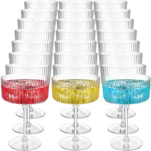 Jingmore 24 Pcs Ribbed Martini Glasses 10 oz Disposable Plastic Vintage Ribbed Coupe Glasses Unbreakable Dessert Parfait Glassware for Wedding Birthday Party Supplies (Clear)