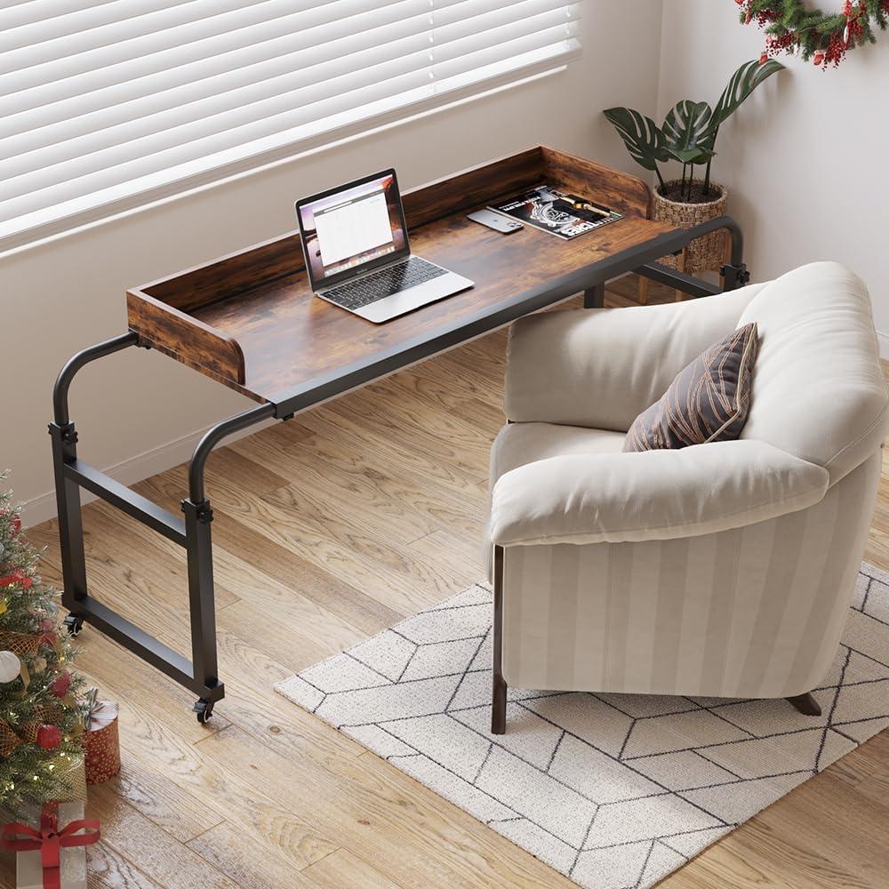 Furist Overbed Table with 360 Wheels, Queen Size Mobile Bed Desk, Recliner Table Over Bed Table Adjustable Height and Length Overbed Table with Heavy Duty Metal Leg for Hospital and Home use, 82 inches x 18 inches x 37 inches
