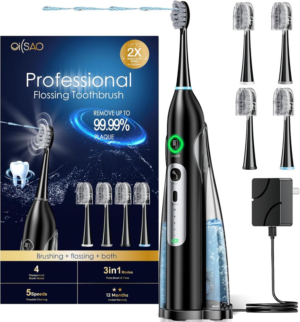 OILSAO Electric Toothbrush with Water Flosser, All in One Sonic Flossing Toothbrush with 3 Modes & 5 Flossing Speeds & 4 Brush Heads, Rechargeable & Portable for Adult Teeth Cleaning,Black