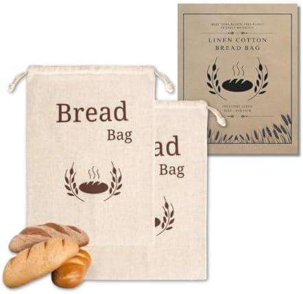 New Living Organic Linen Cotton Bread Bags 2 Pack | Extra Large 44x35 cm | Reusable Bread Storage Bags
